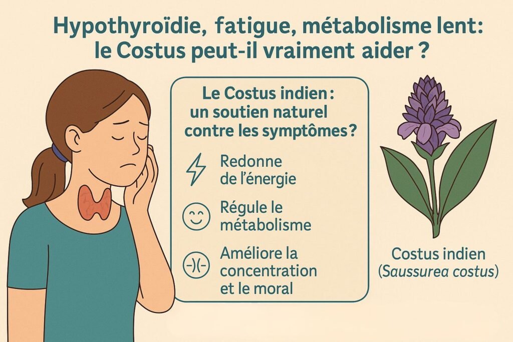 Illustration d’une femme fatiguée avec des signes d’hypothyroïdie, accompagnée d’une plante de costus indien – soutien naturel pour relancer l’énergie.