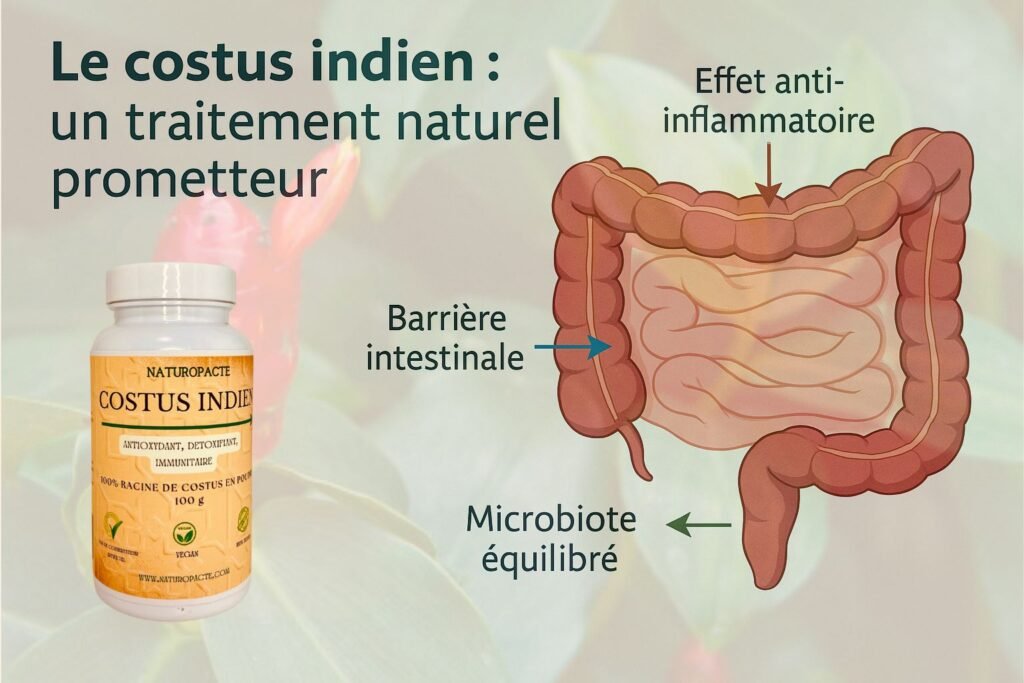 Illustration des bienfaits du costus indien sur la santé intestinale : réduction de l'inflammation, renforcement de la barrière intestinale et équilibre du microbiote.