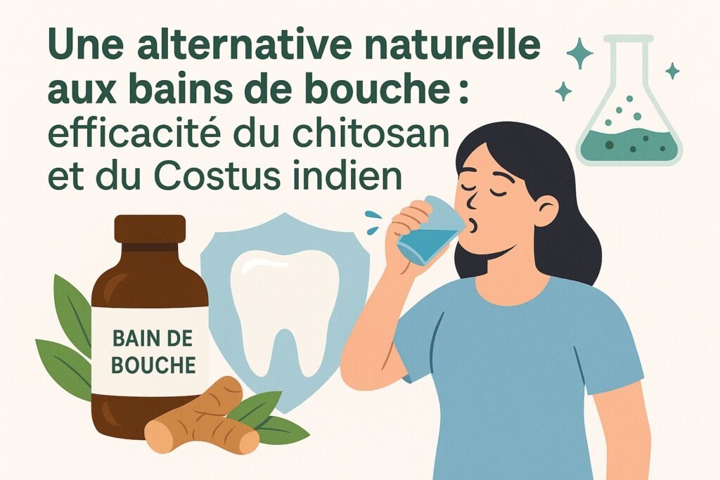 Illustration d'une femme utilisant un bain de bouche naturel à base de chitosan et de costus indien, avec une bouteille, une racine de costus indien et une dent protégée en arrière-plan.